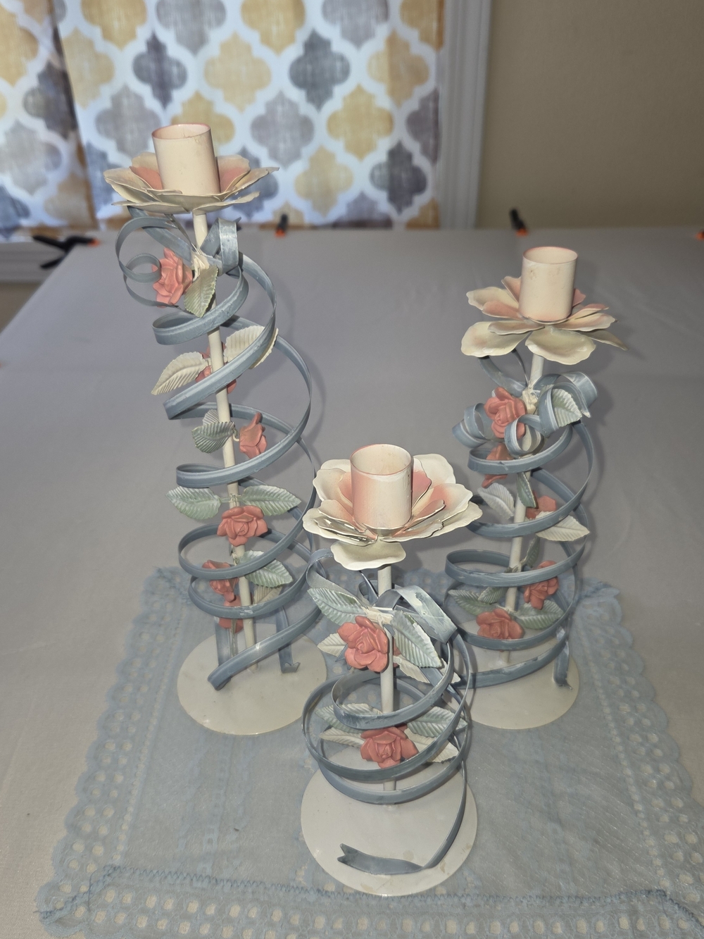 Vtg Toleware Floral Metal Candle Holders – Set of 3. Shabby Chic. CP